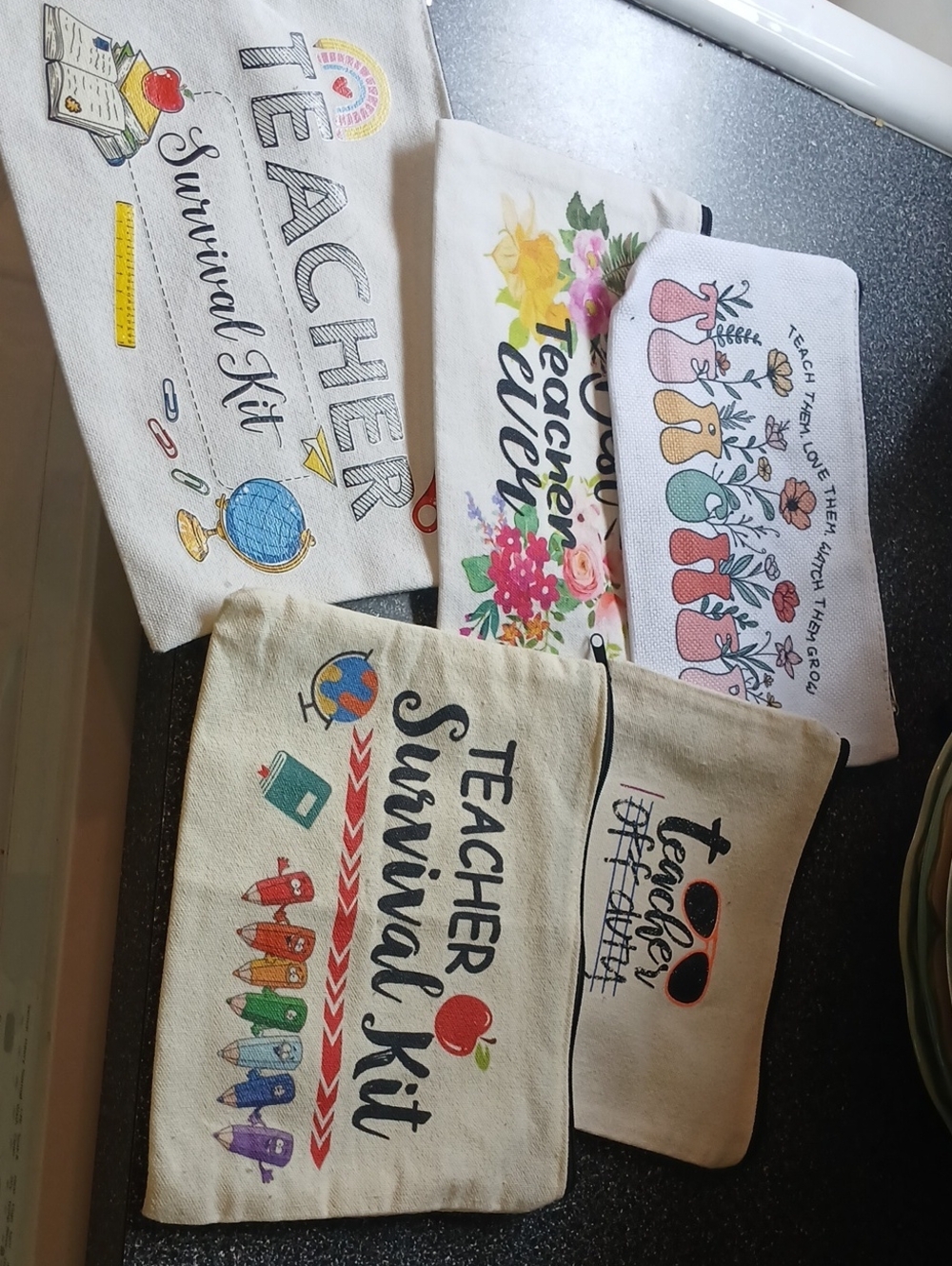 Canvas Teacher Survival Kit Pouch – Neutral with Colorful Prints